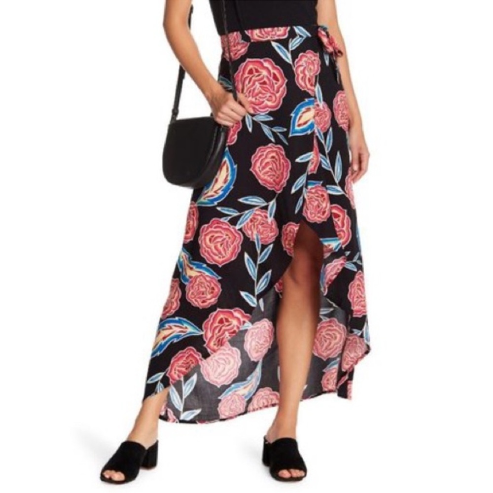 Roxy Missing You Midi Wrap Skirt Black Floral Rose Size XS